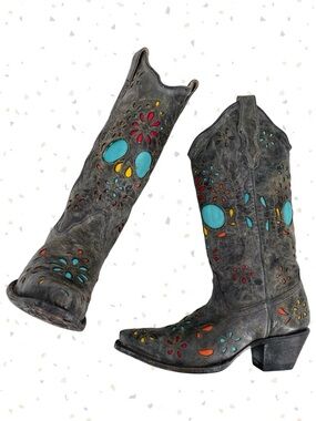 Corral Sugar Skull Cowboy Western Boot Gray Blue Distressed Leather R2475 Size 6